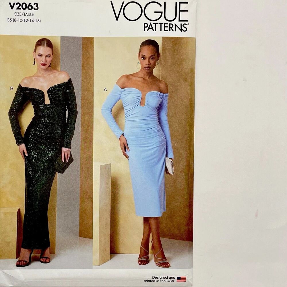 Pattern Misses Sz 8-16 B5 Ruched Off-Shoulder Gown Vogue V2063 New/Uncut